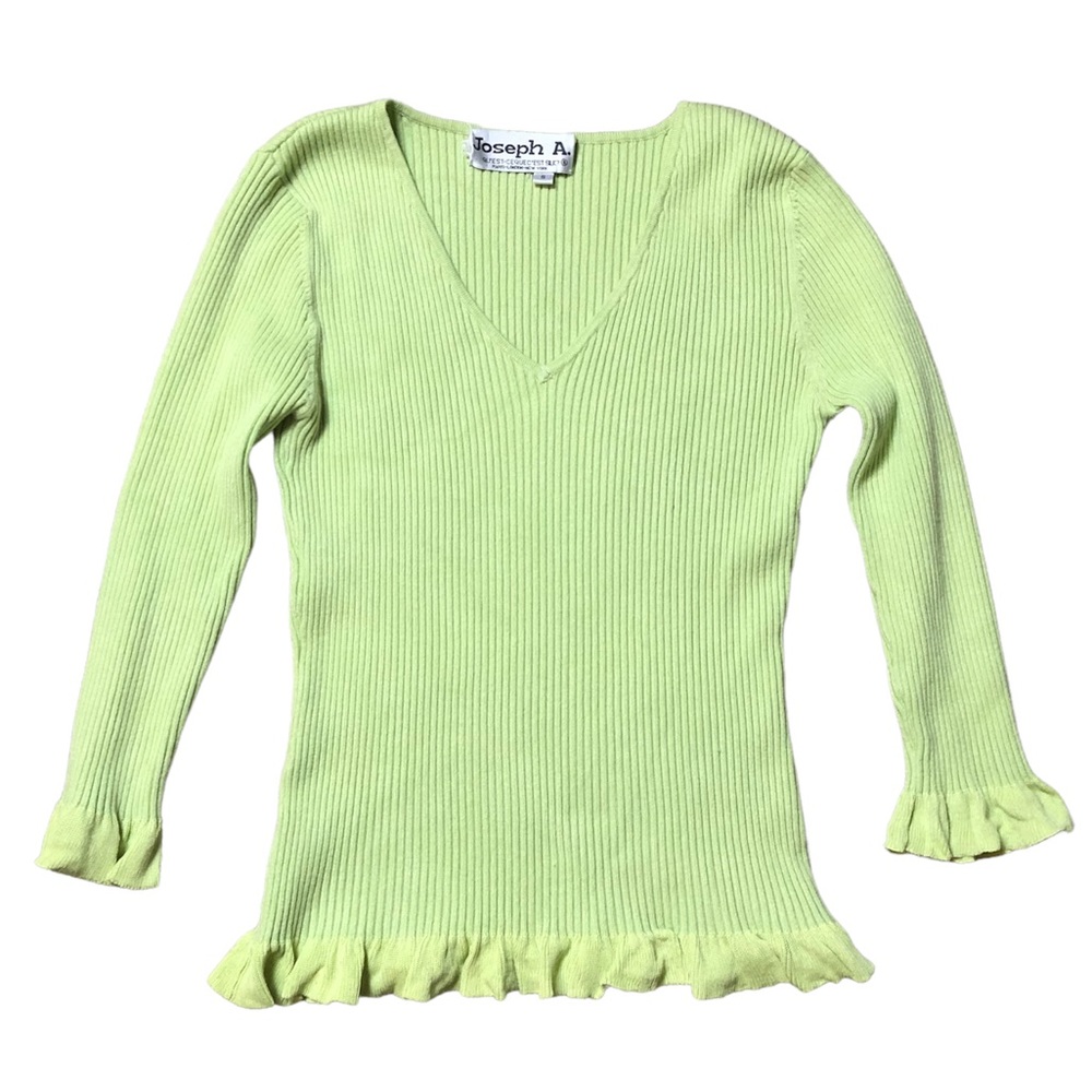 Bright Green V Neck Ruffle Ribbed Long Sleeve! - Picture 3 of 5